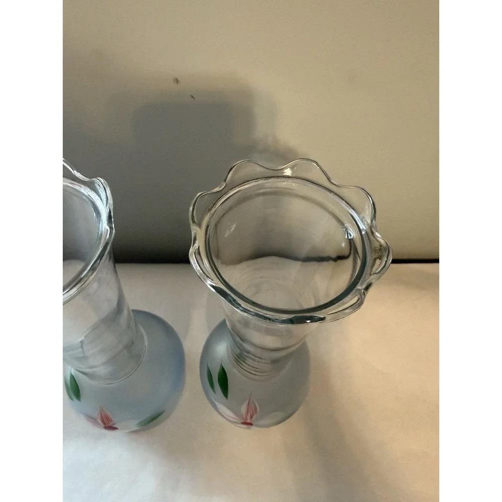 Pair Of 2 Bartlett Collins Vintage Clear - Frosted Glass Vases Hand Painted 9